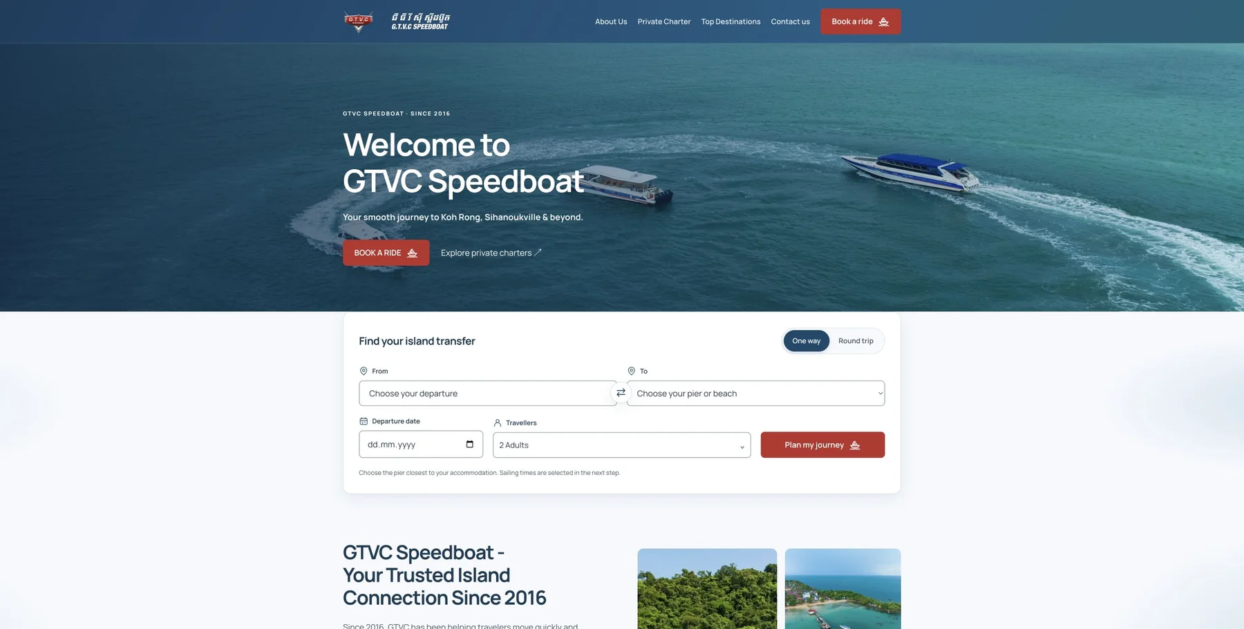 GTVC Speedboat homepage with island transfers and journey planner